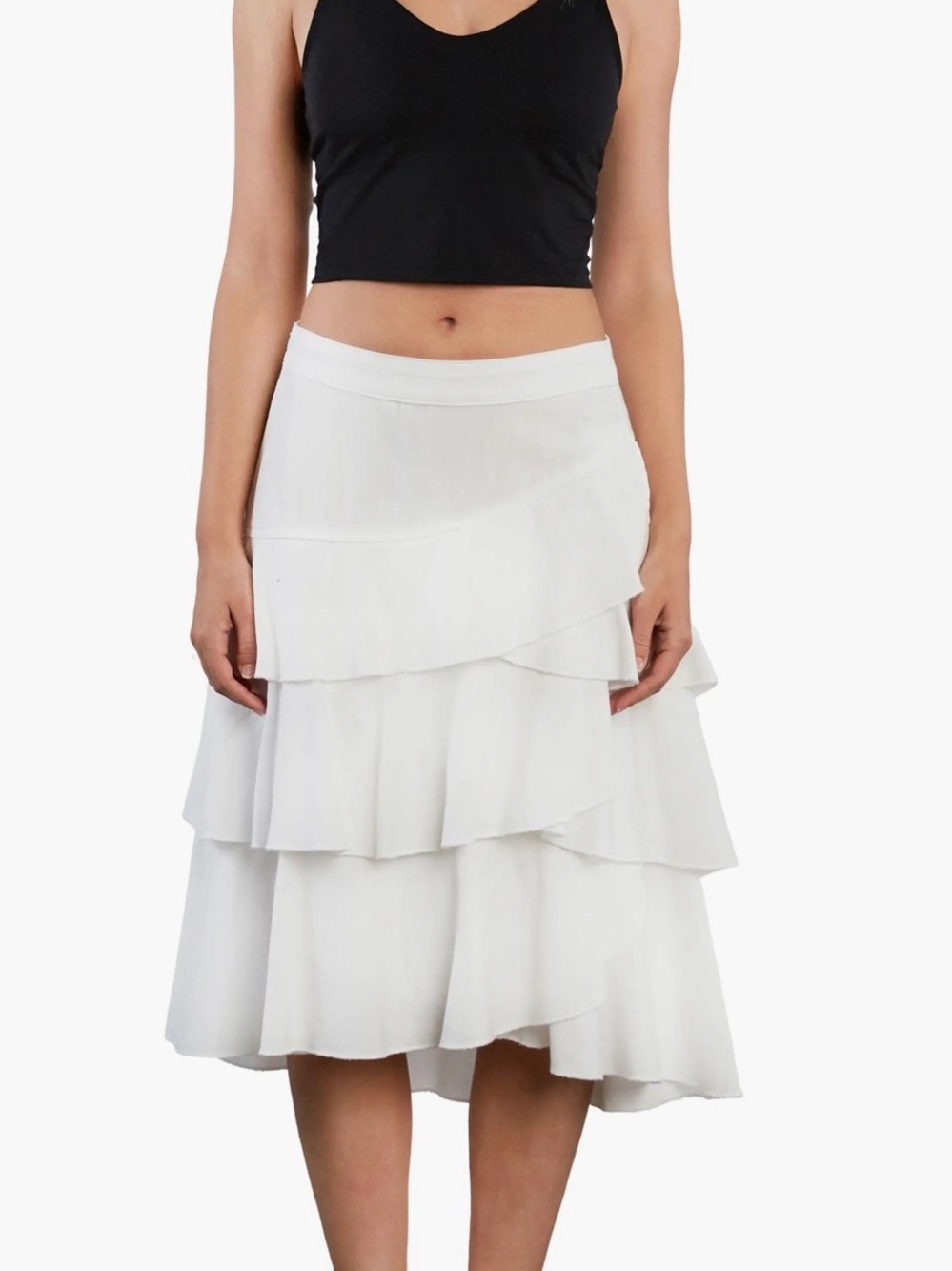 NWOT Wash Lab Denim Petal Tiered Midi Skirt Bright White Size S